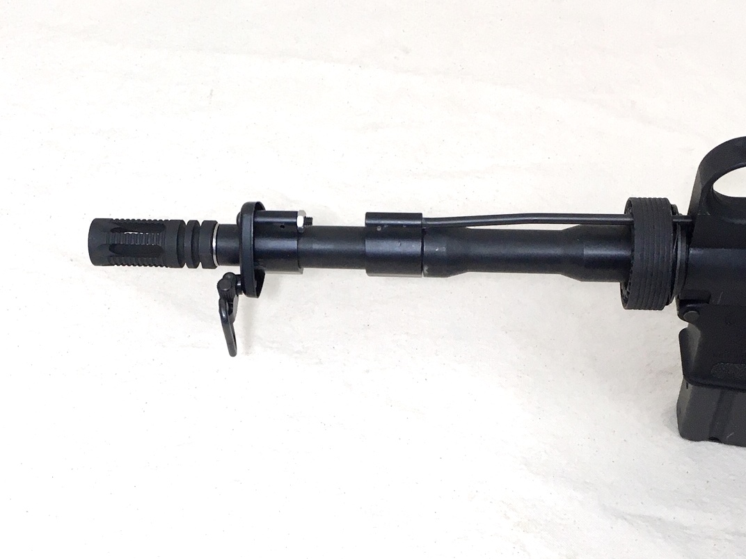 The AR-k pistol length gas system and second gas block mounted to hold the handguard cap