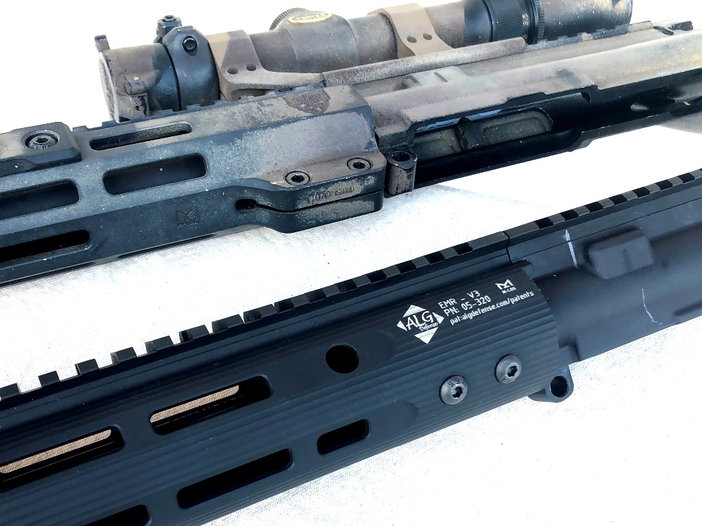 A clamp-on handguard above and the EMR direct bolt-on below. The EMR design is stronger and puts less stress on the handguard.
