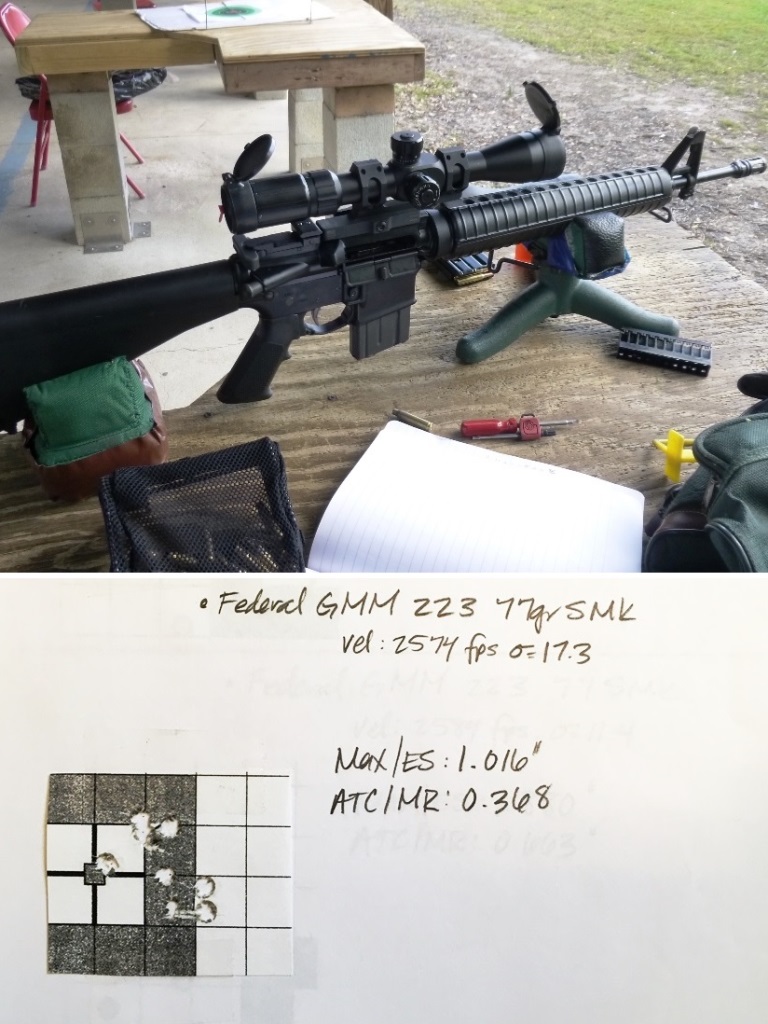 Faxon 18" gunner barrel assembled using the techniques in this article. 10 shots at 100 yards using Federal Gold Meal Match 77gr ammunition and a SWFA 10x mildot scope. the barrel is NOT free floated. The results are VERY good