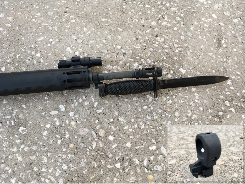 A problem rifle: How do you fit a bayonet on a free floated rifle with low profile gsblock? I cut off the barrel ring with the lug and drilled and tapped it or three set screws. It works, But if someone would make a lug that mounts to the M-Lok handguards, that would be better.