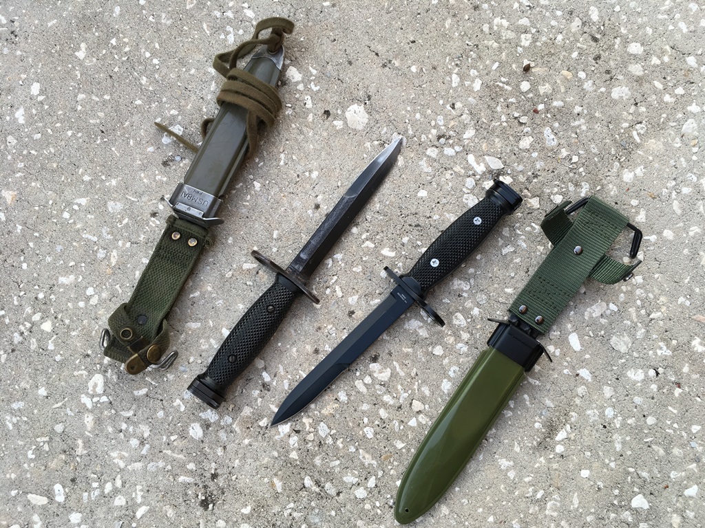 Surplus USGI M7 bayonet on the left and a Sarco "economy" knockoff on the right. The knockoff will work.